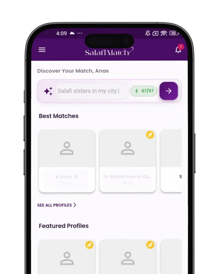 The SalafiMatch app showing featured matches and premium members