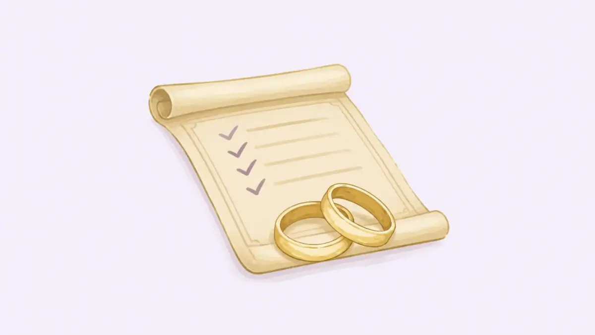 A marriage contract with check marks and two rings