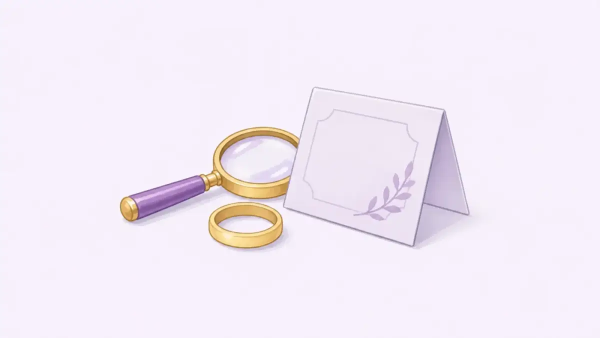 A magnifying glass beside a gold ring and a blank profile card