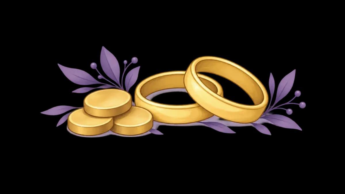 Three balanced tokens beside linked rings representing serious spoken commitments
