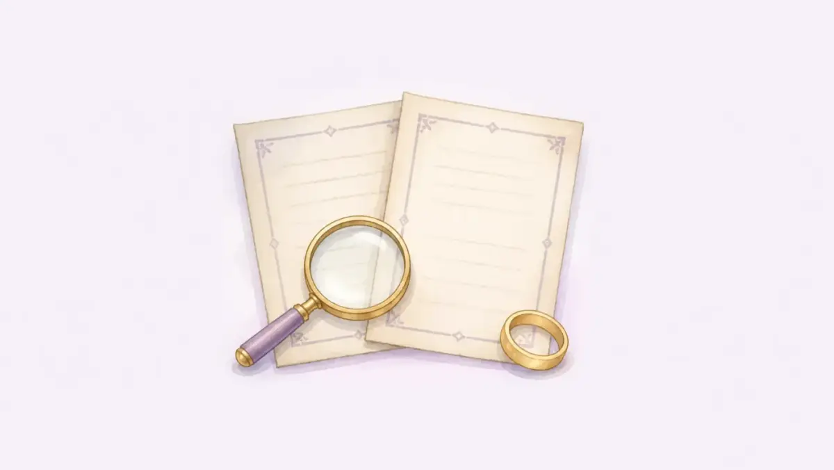 Two manuscript pages, a magnifying glass, and a ring