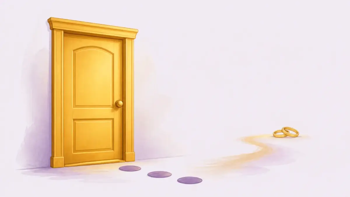 A closed gold door with three circular marks and a distant ring