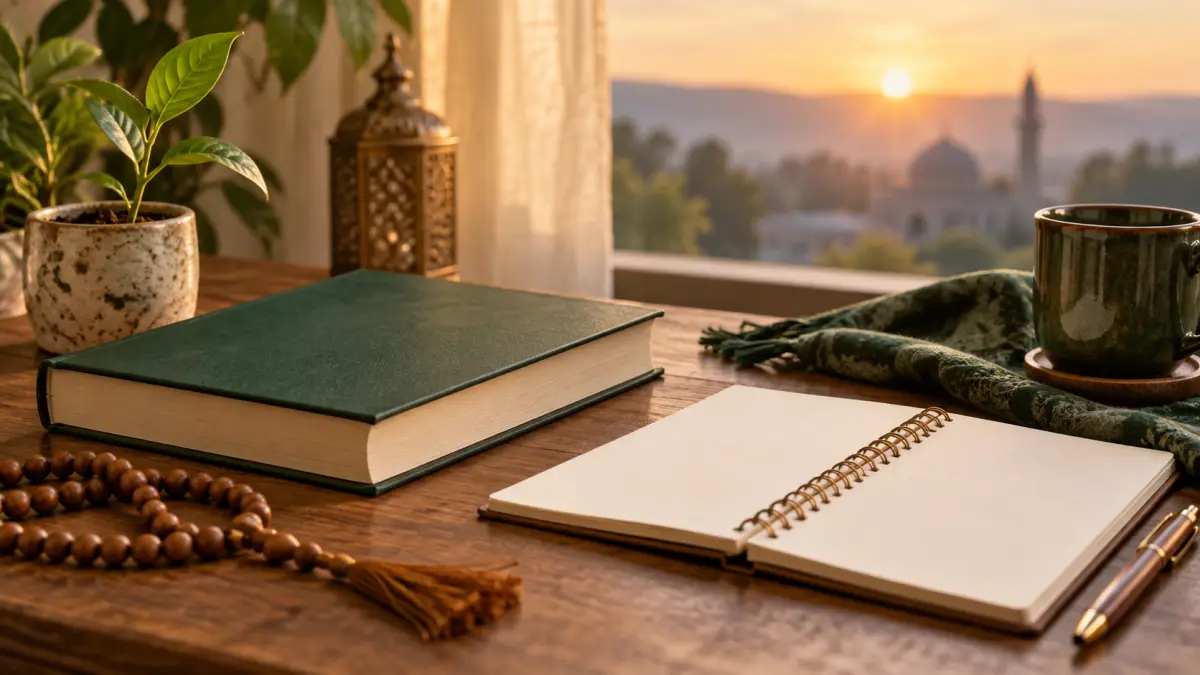 A closed book, blank reference notebook, prayer beads, and a new plant shoot at dawn
