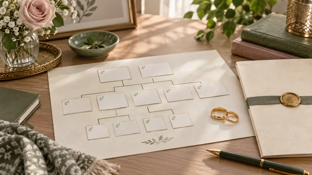 A blank family relationship map, sealed folder, notebook, and two rings