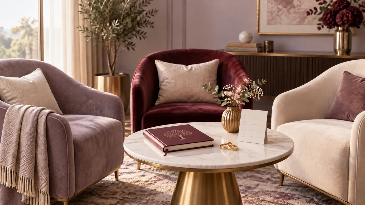 Three connected chairs around a small table with a family notebook and two rings
