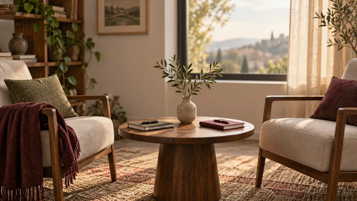 Two chairs angled toward a table with notebooks and an olive branch between them