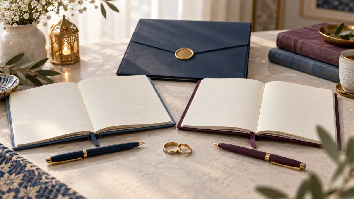 Two open blank workbooks, a sealed document folder, pens, and wedding rings