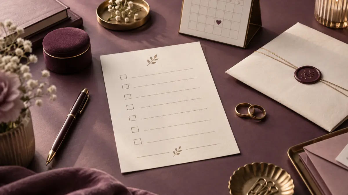 A marriage checklist, sealed document, calendar, and two rings arranged on a quiet desk