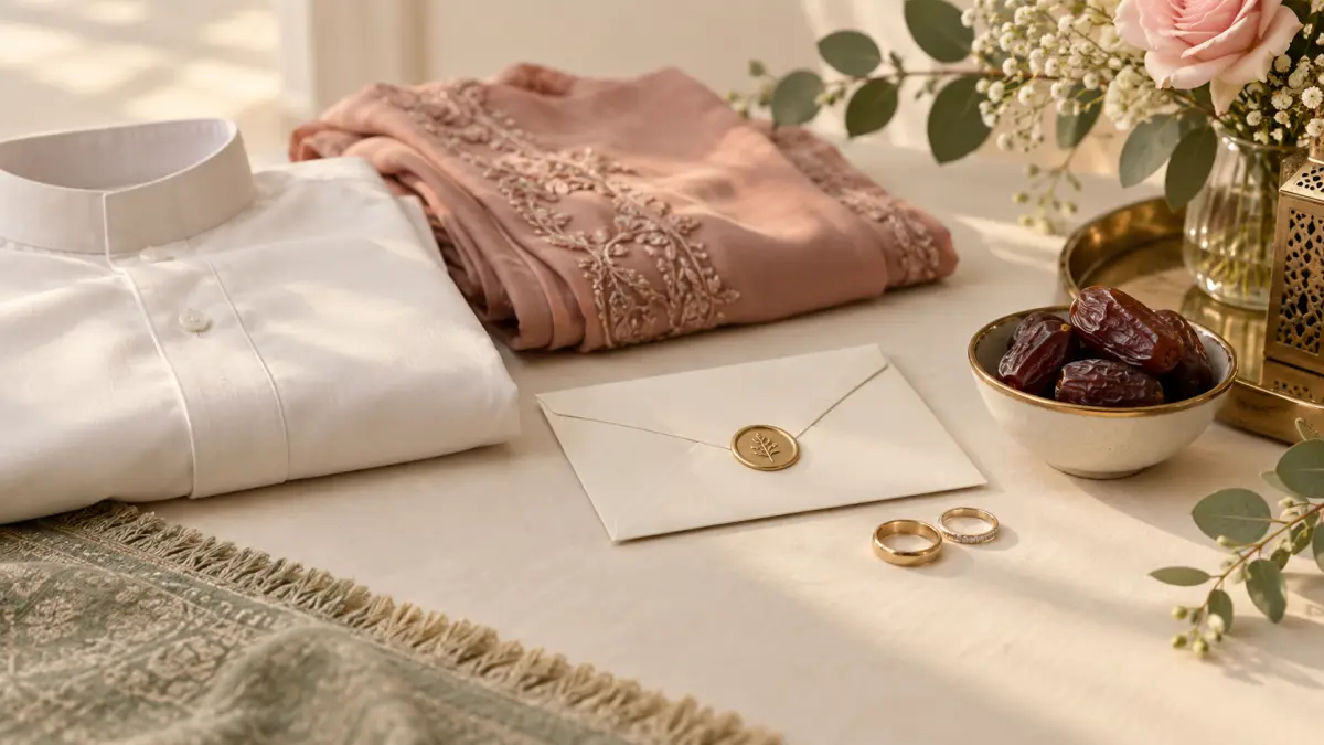 Folded wedding clothes, an invitation, dates, and two rings on a warm table