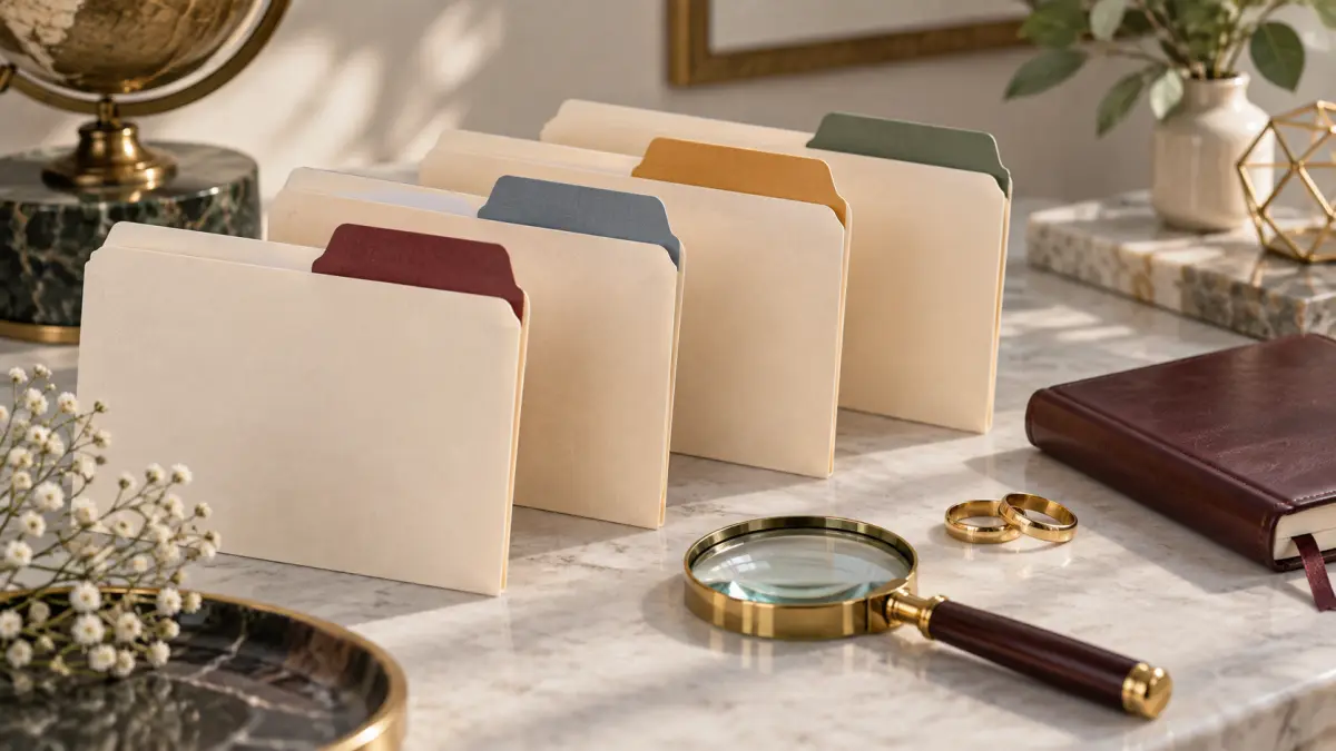 Des dossiers de référence vierges avec des onglets colorés, une loupe, un carnet et des bagues