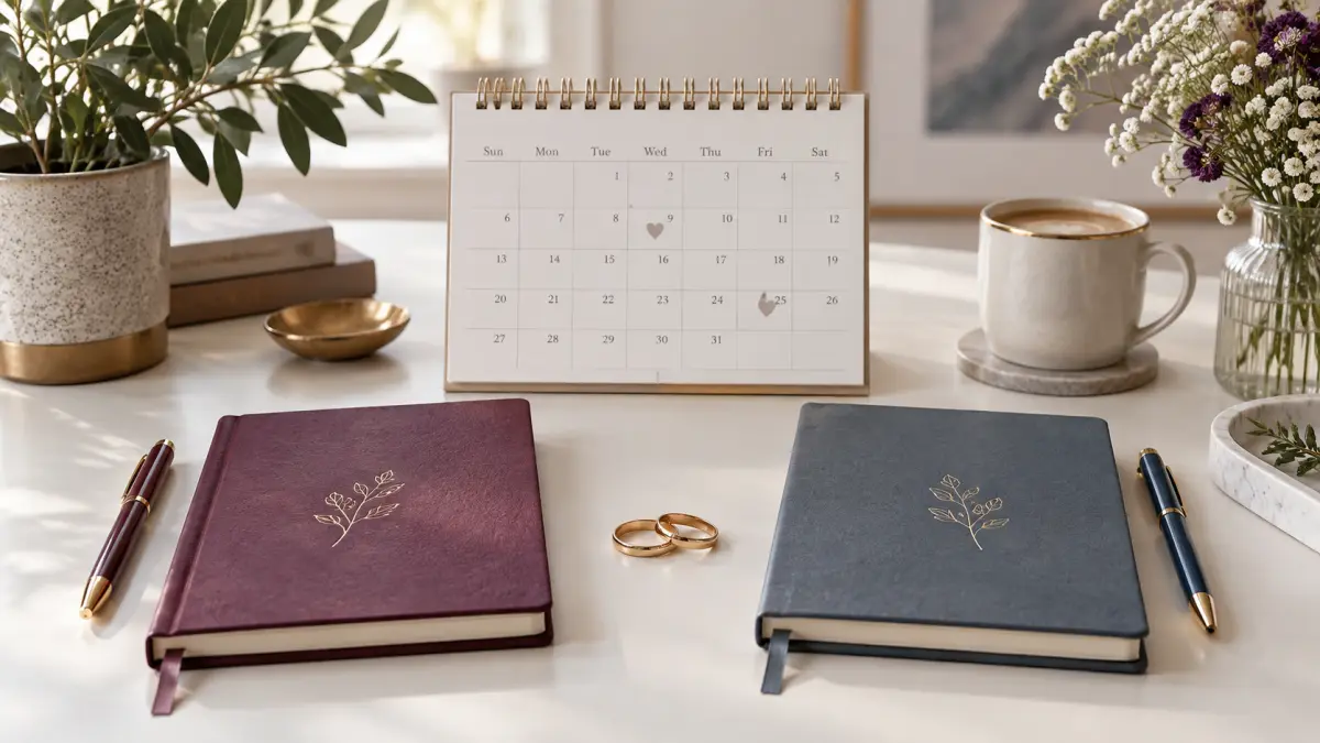 Two balanced notebooks, two pens, a calendar, and wedding rings on a bright desk
