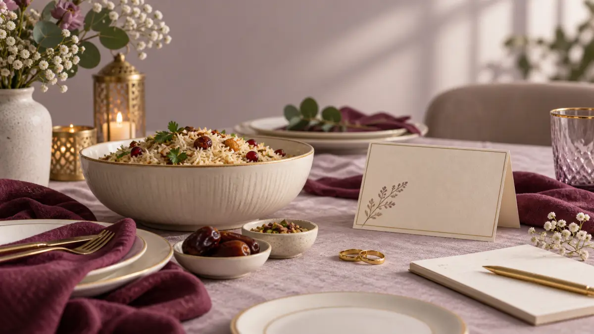 A simple shared meal setting with an invitation card, serving bowl, and two rings