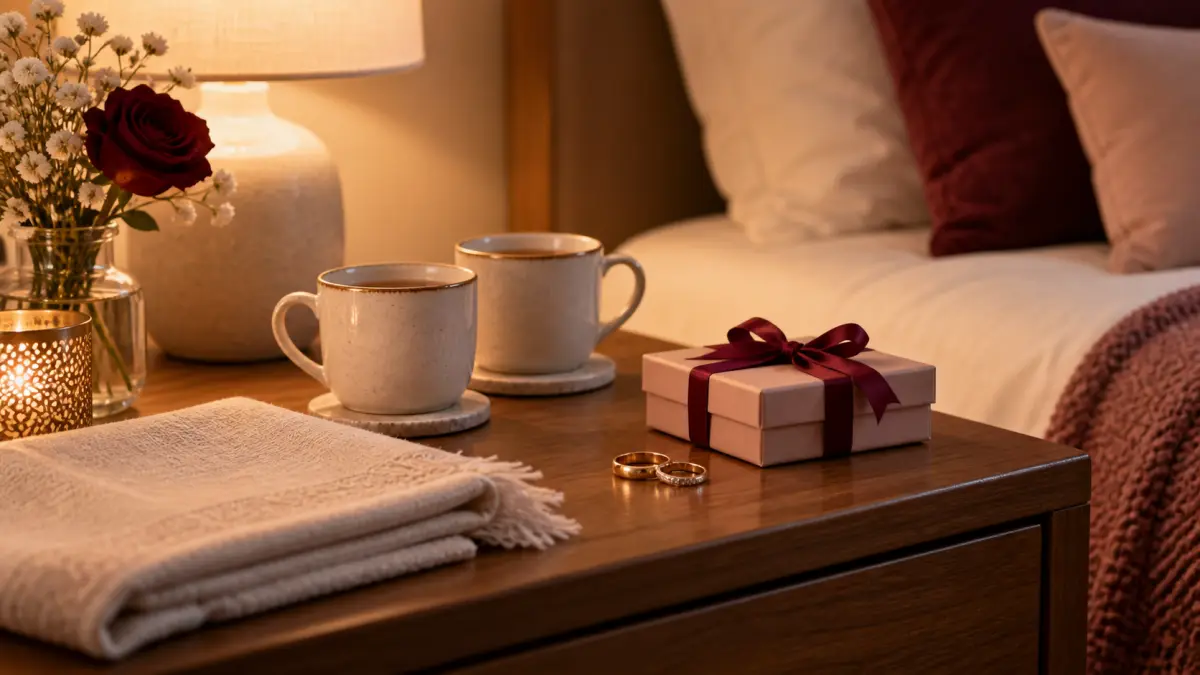 Two warm drinks, folded linen, a small gift, and two rings beside a softly lit bed